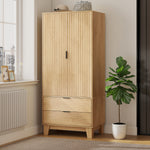 Armoire chambre penderie avec 2 portes à fermeture douce, 2 tiroirs et barre de suspension, 80x50x180cm, bois naturel