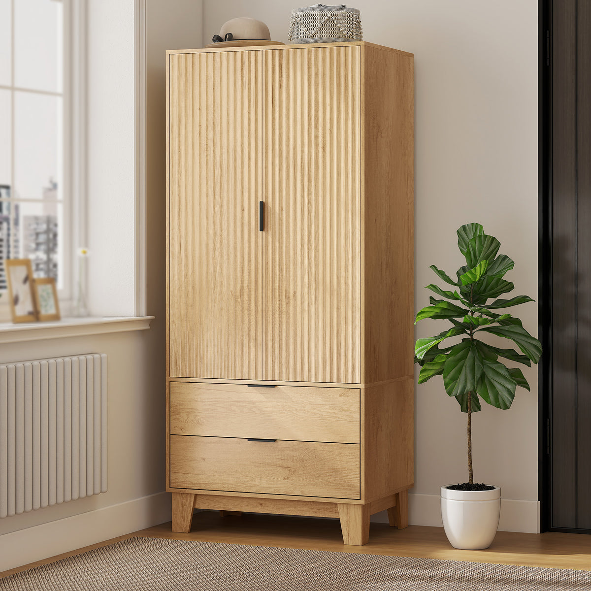 Armoire chambre penderie avec 2 portes à fermeture douce, 2 tiroirs et barre de suspension, 80x50x180cm, bois naturel