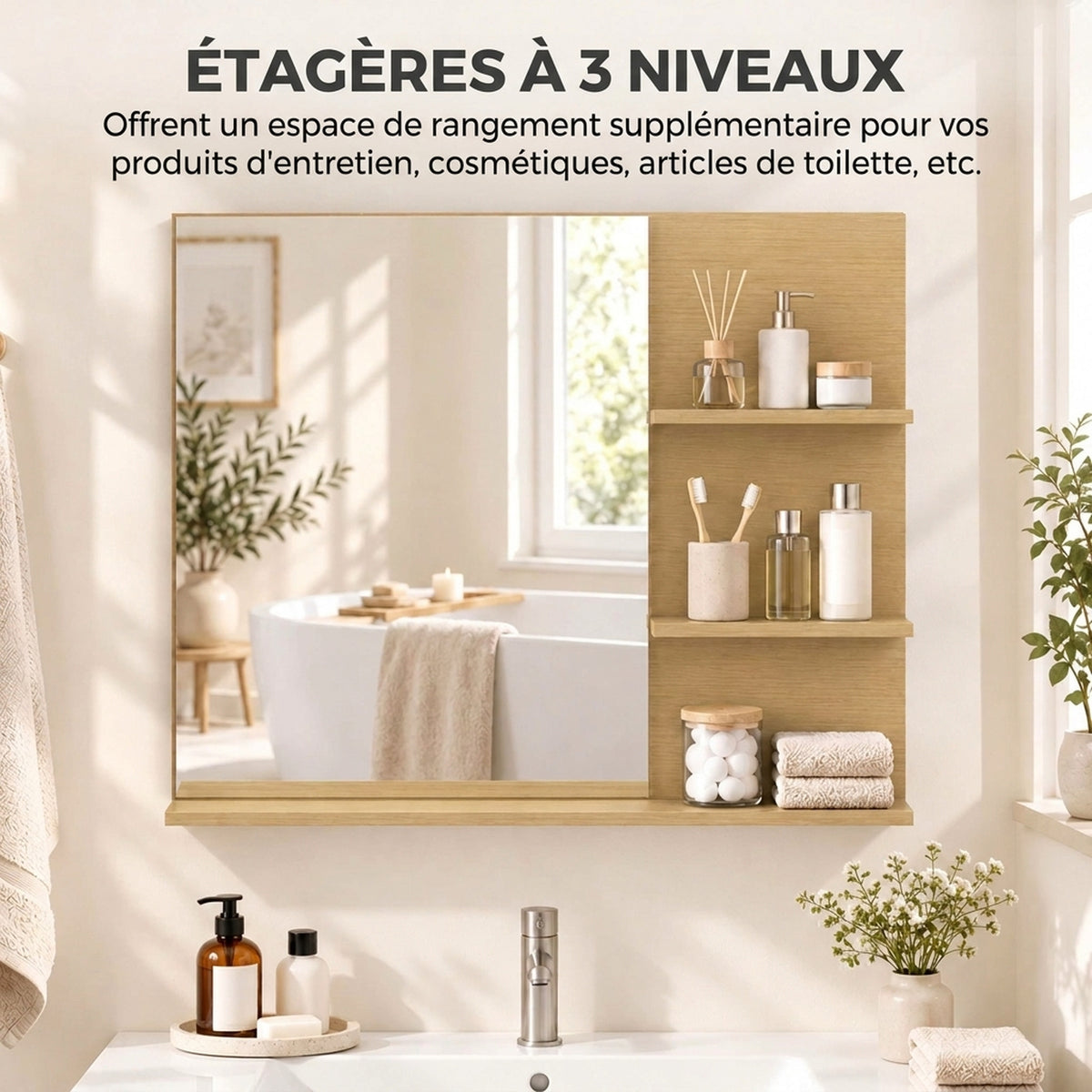 Miroir Salle de Bain avec 3 Étagères 60 x 48 cm, Miroir Mural Modern pour chambre à coucher, bureau, Chêne