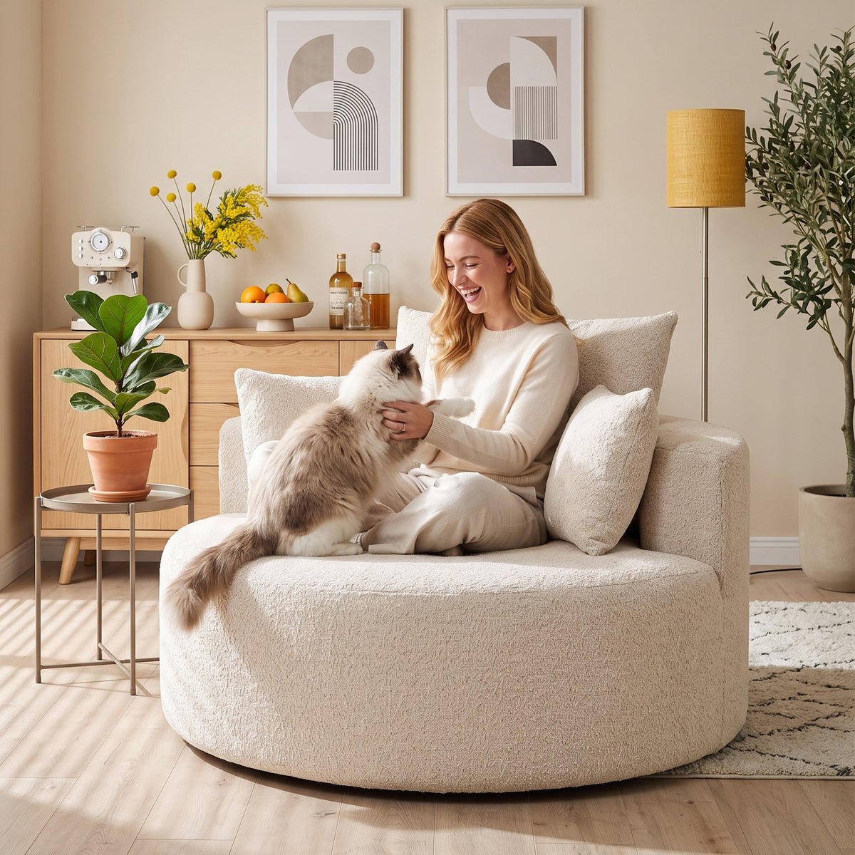 Pouf Canapé Rond en Chenille, Grande Assise, 2 Coussins, 1 Dossier, 1 Traversin, Charge 250kg, 130x130x82cm, Crème