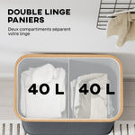 Panier à linge double pliable 80 L corbeille à linge sale avec couvercle, poignées rainurées, gris