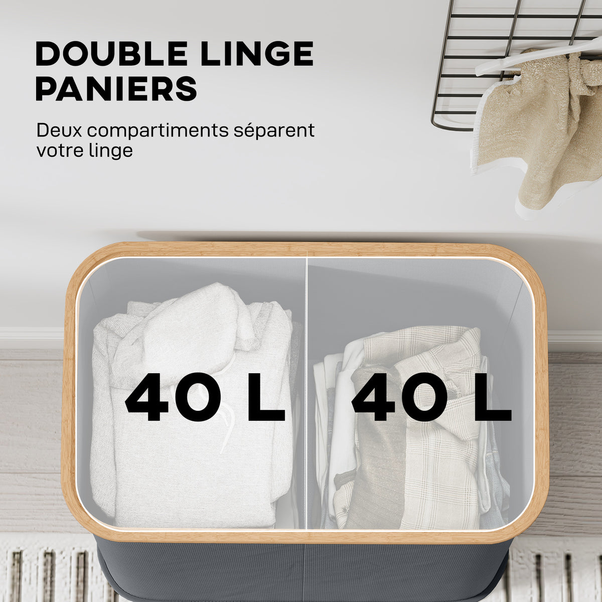 Panier à linge double pliable 80 L corbeille à linge sale avec couvercle, poignées rainurées, gris