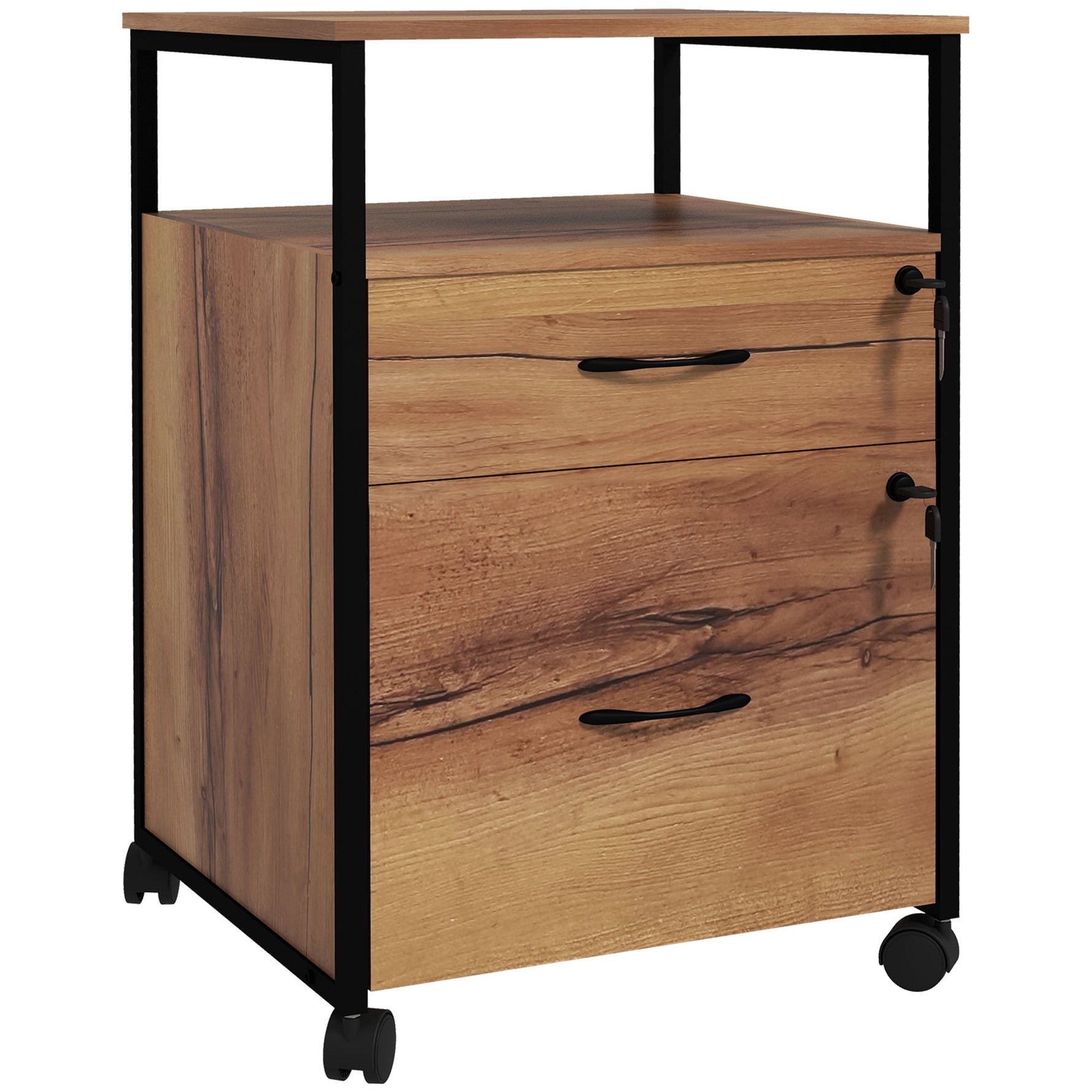 Caisson bureau mobile avec 2 tiroirs, meuble rangement bureau sur roulettes avec barres pour dossiers, marron