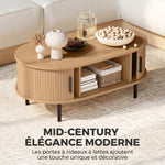 Table basse ovale en bois, table de salon moderne avec portes coulissantes et rangement caché, 100x55x40cm, bois naturel
