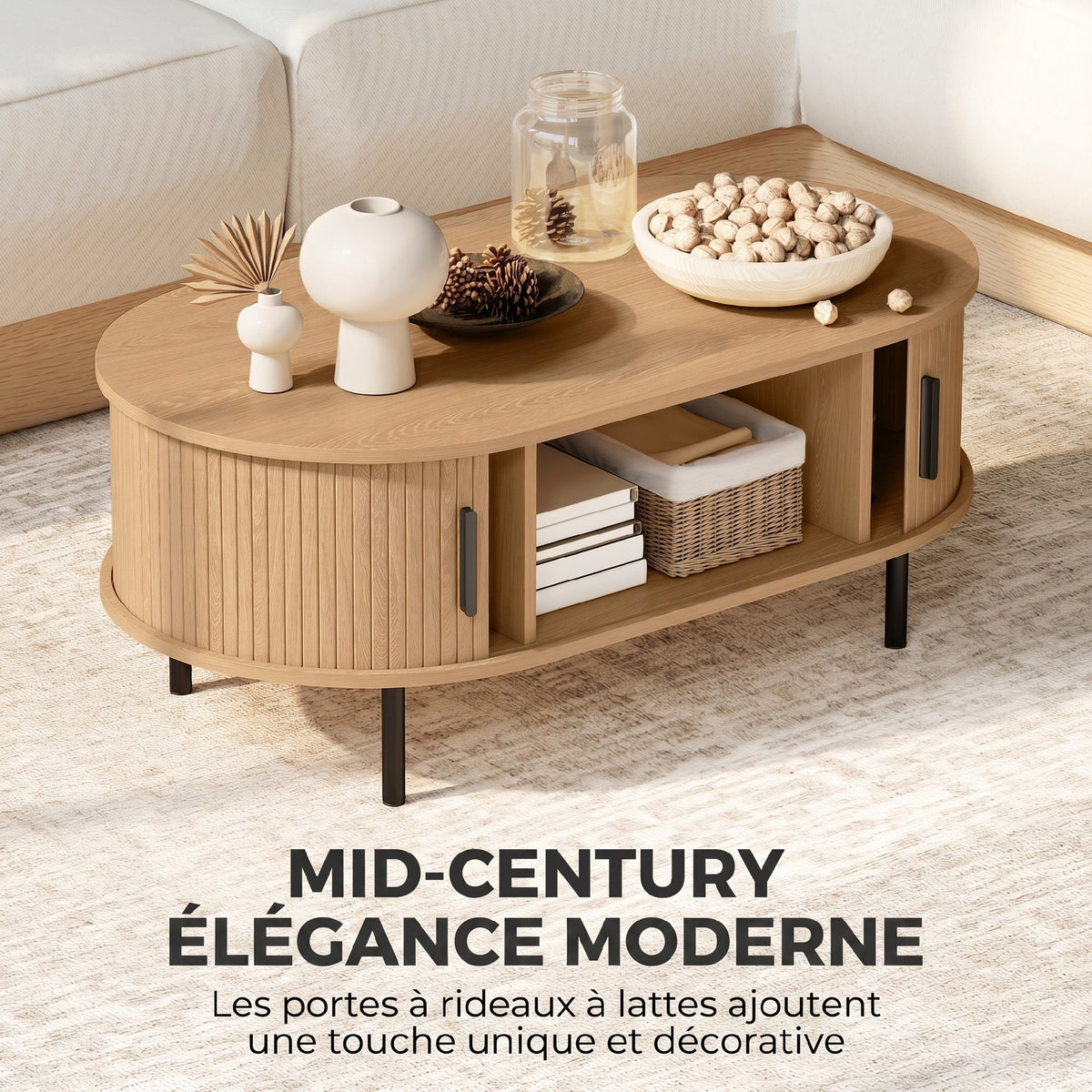 Table basse ovale en bois, table de salon moderne avec portes coulissantes et rangement caché, 100x55x40cm, bois naturel