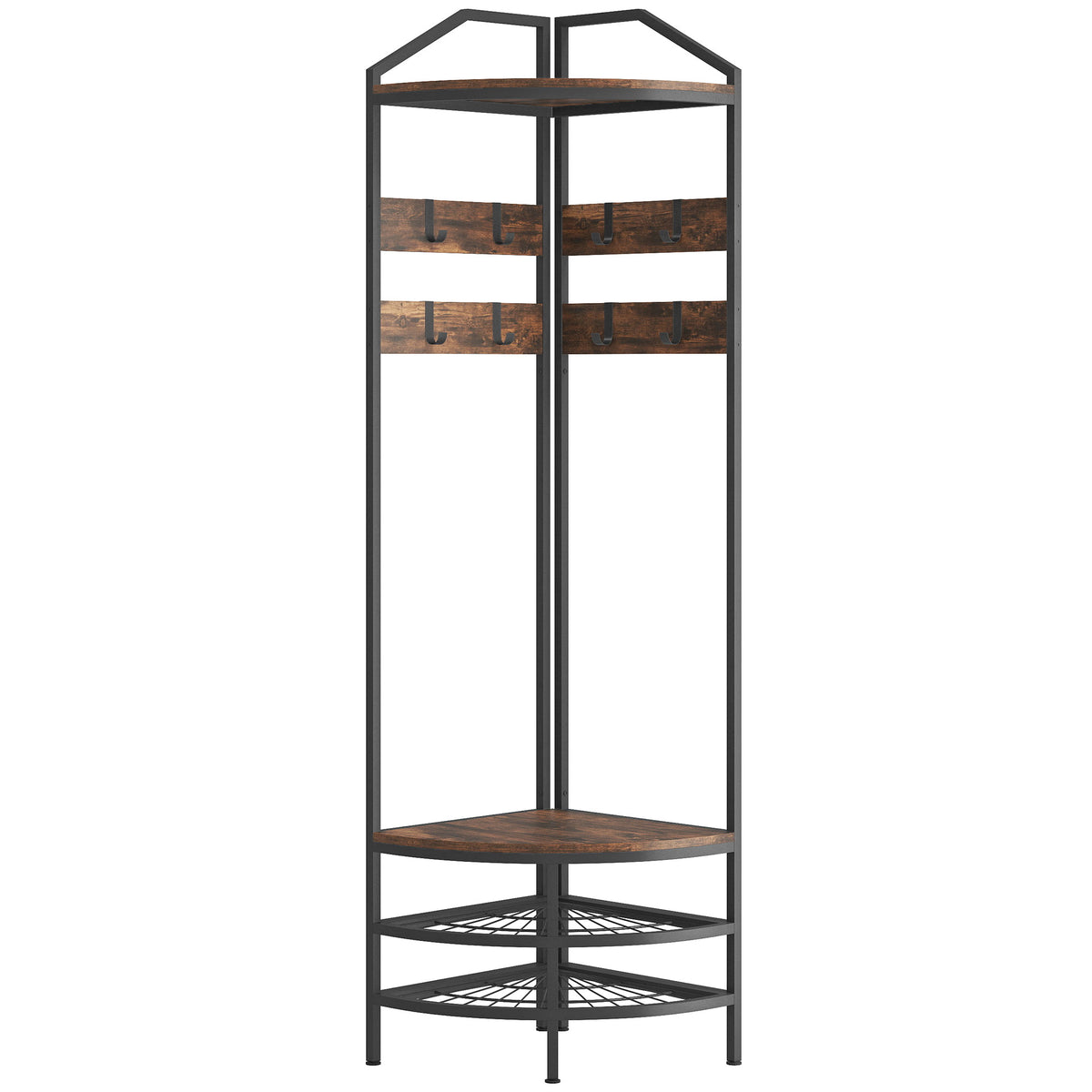Meuble d'entrée d'angle, vestiaire à 4 niveaux, rangement pour chaussures, 8 patères mobiles, 2 étagères, brun rustique