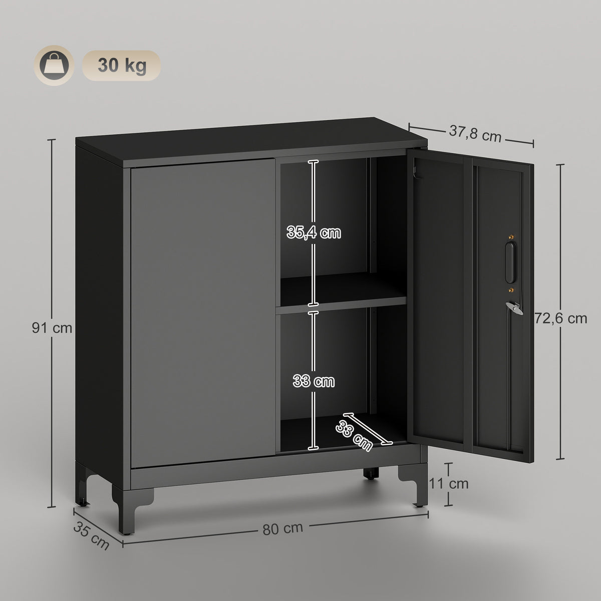 Büroschrank mit 2 Ebenen, Metall-Büroaufbewahrung mit 2 abschließbaren Türen, 80 x 35 x 91 cm, schwarz