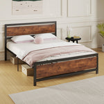Cadre de lit double 200 x 160 cm en acier avec sommier et tête de lit compatible matelas aspect bois foncé