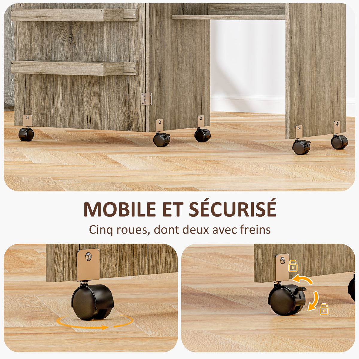 Table de couture pliante meuble couture à abattant avec bacs de rangement, étagère ouverte et roulettes effet bois grisé