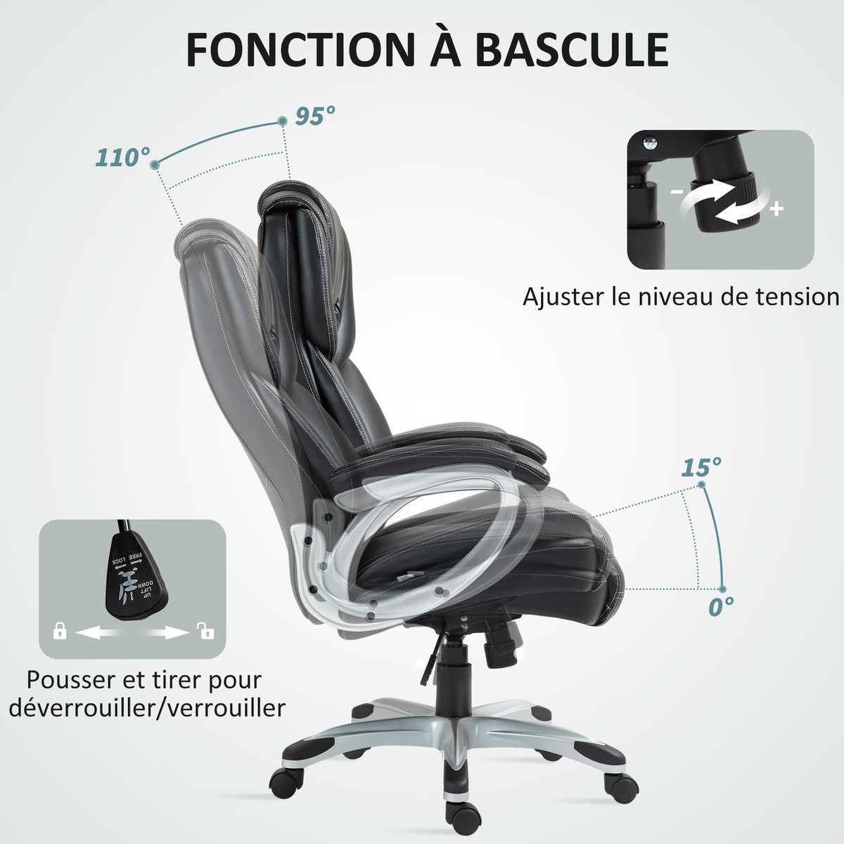 Chaise de bureau fauteuil de bureau avec fonction bascule roulettes pivotantes 360° 66 x 75,5 x 115,5-124,5 cm noir