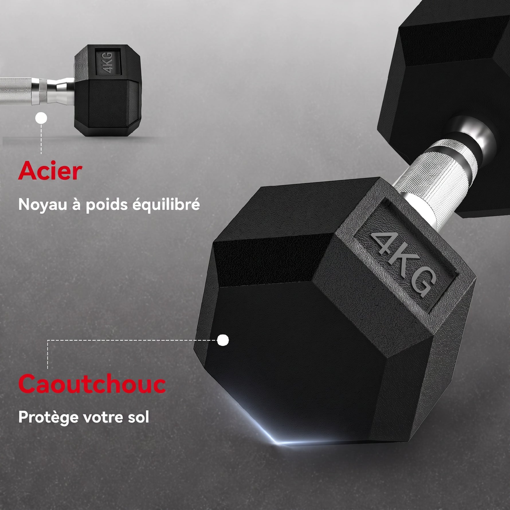 Ensemble d'haltères courtes, lot de 2 haltères hexagonaux recouverts de caoutchouc, acier noir