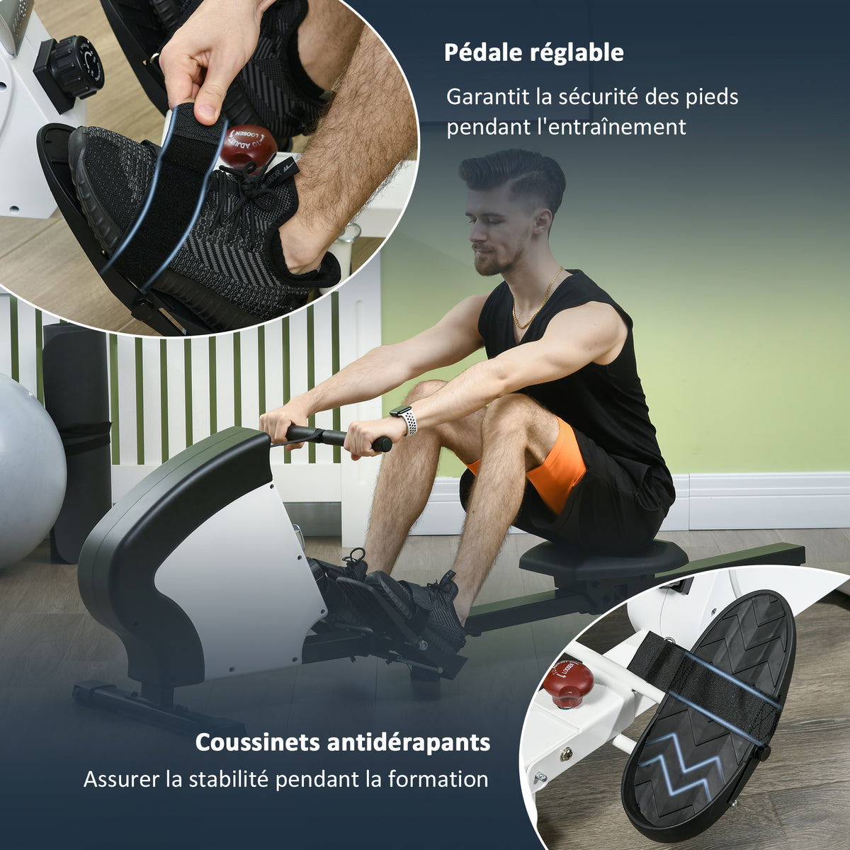 Rameur d'appartement pliable - .fr x FFHandball - 8 niveaux de résistance magnétique, écran LCD - acier noir blanc