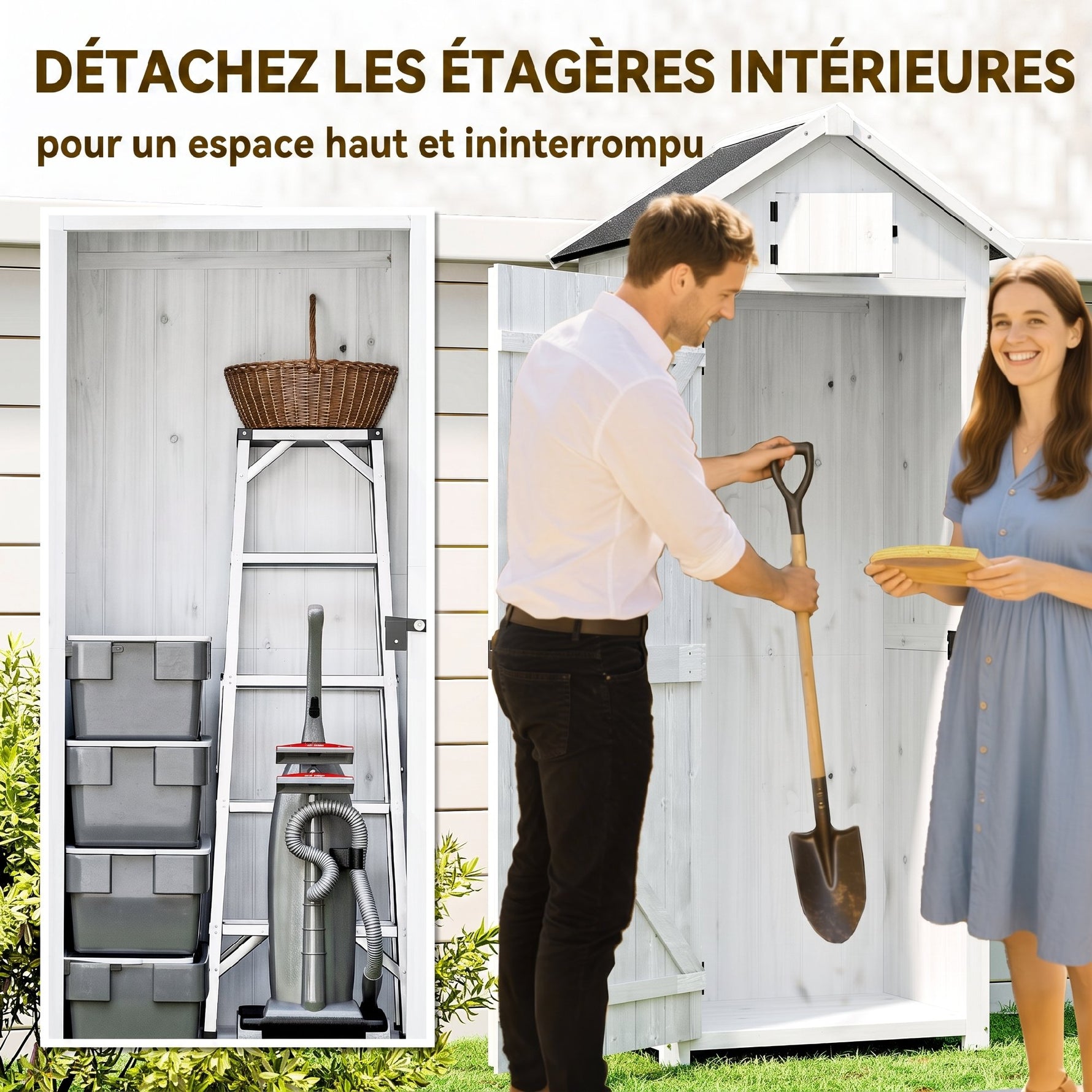 Armoire de Jardin Extérieur en Bois, Abri pour Outils, 3 Étagères, 2 Portes à Loquets, 77x54x179cm, Gris Clair