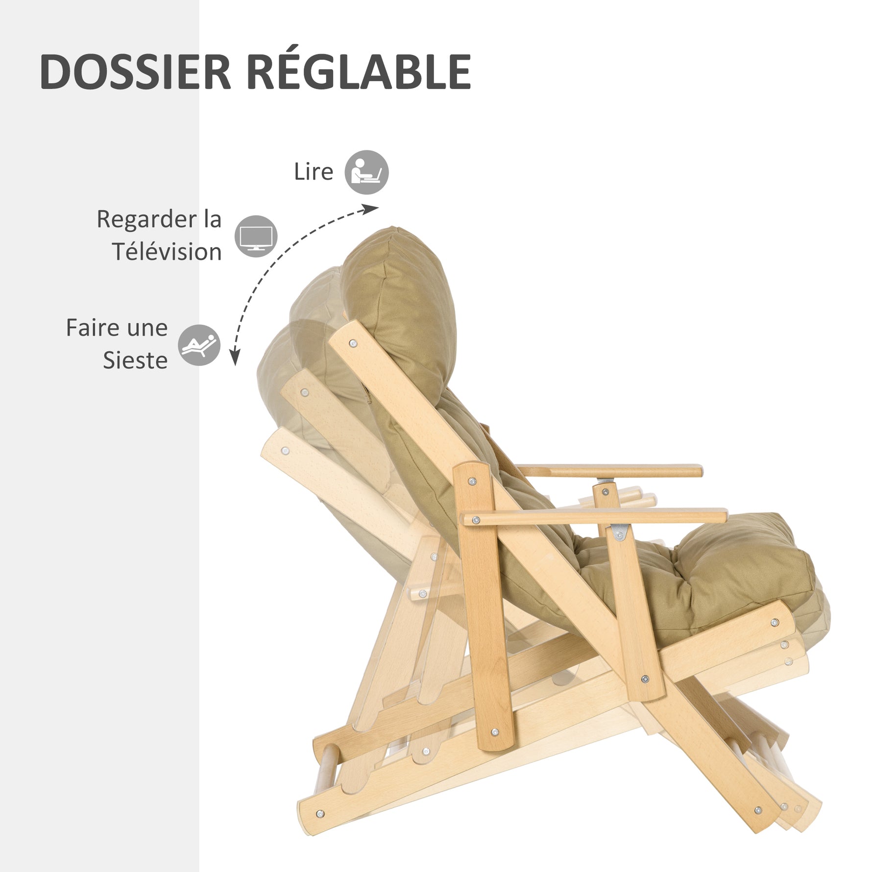 Fauteuil Chaise de Salon Pliable et inclinable en Bois Fauteuil Relax Confortable avec Coussin capitonné épais - 71 x 89 x 96 cm marron clair