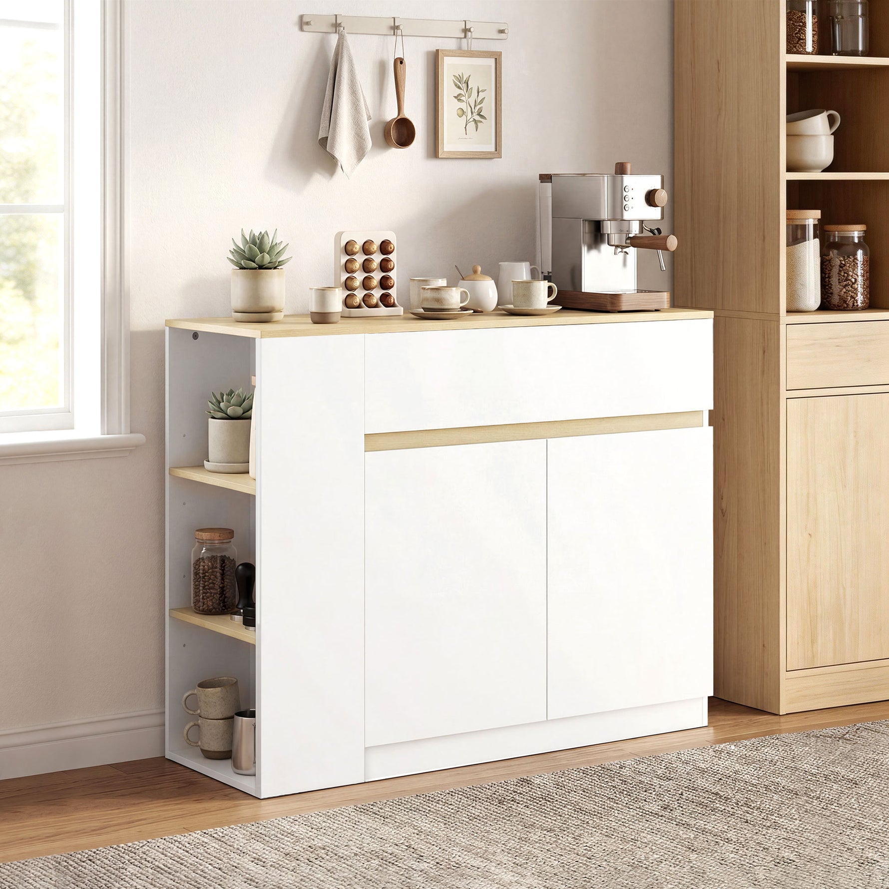 Buffet meuble de rangement avec 2 tiroirs 3 étagères ouvertes et placard 2 portes 110 x 29,5 x 82 cm blanc