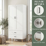 Armoire chambre penderie 2 portes à fermeture douce, 2 tiroirs et barre de suspension, 80x54x180cm, blanc