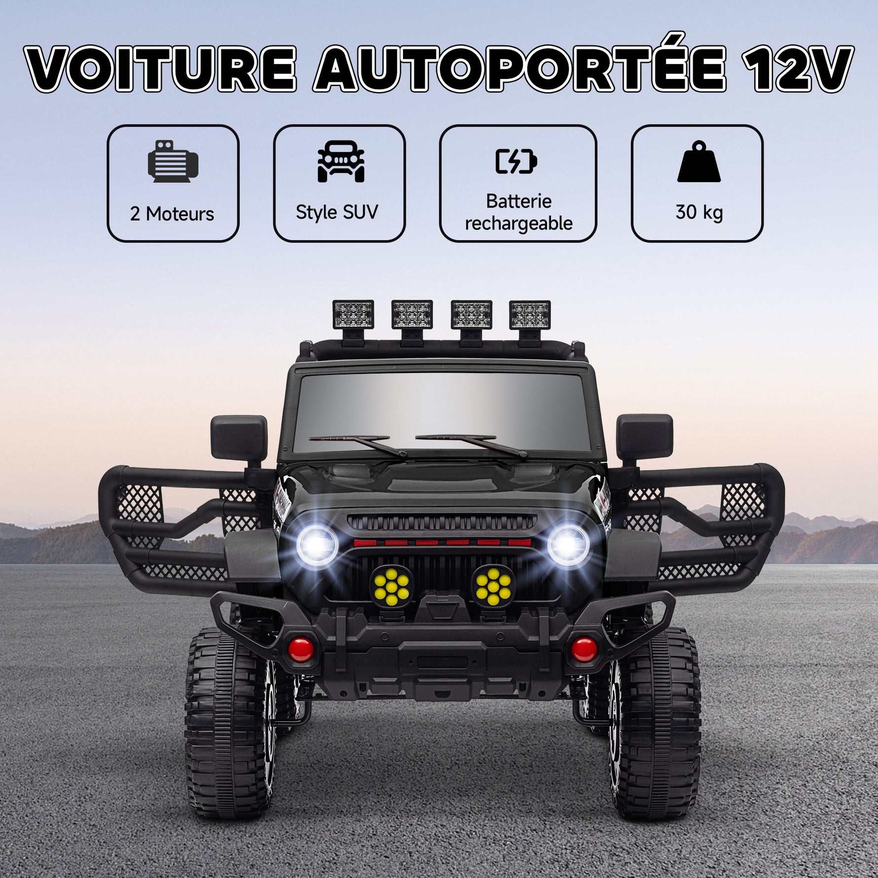 Voiture électrique enfants UTV avec télécommande 2,4G, 2 moteurs 12 V, musique, klaxon, lumières LED, 100x63x65cm, noir