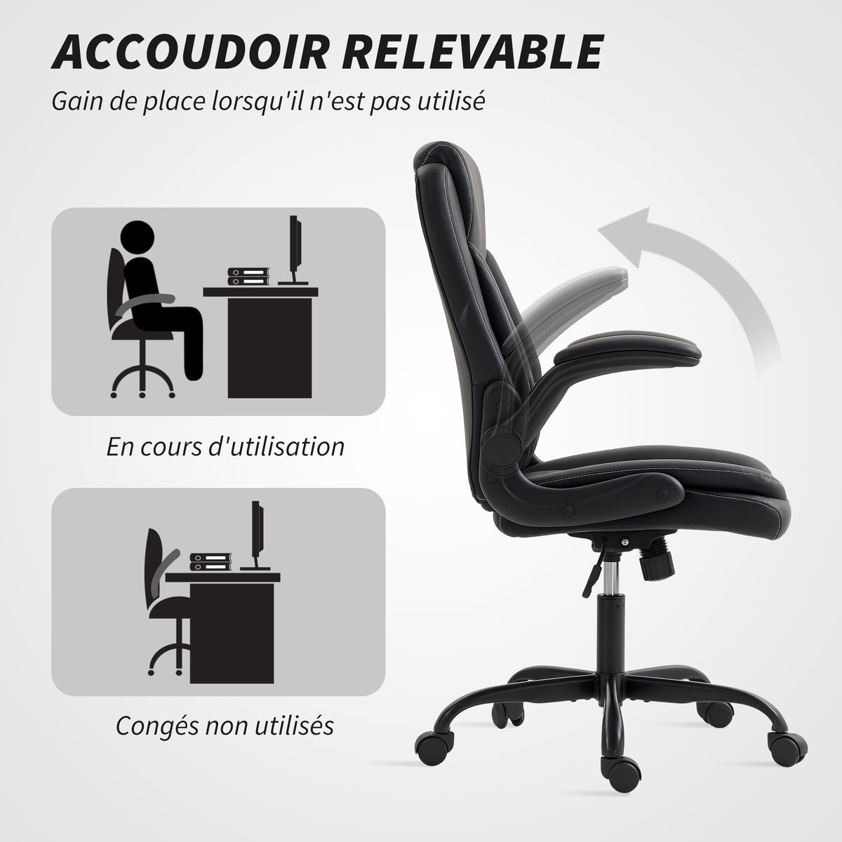 Fauteuil de bureau, chaise bureau ergonomique avec accoudoirs relevables, hauteur réglable, fonction de bascule, noir
