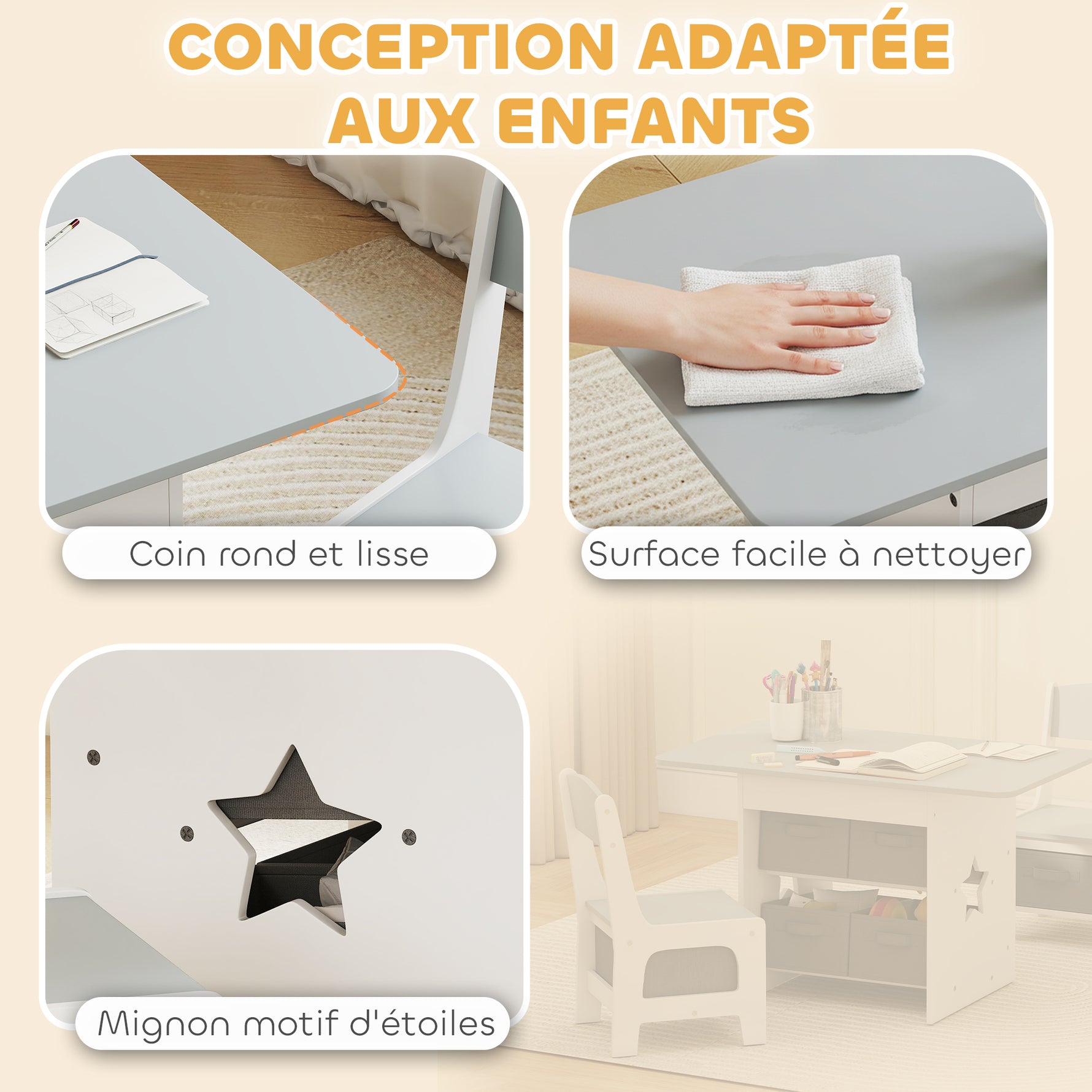 Ensemble table et 2 chaises enfant avec 6 tiroirs amovibles, pour fille garçon 3-8 ans, gris