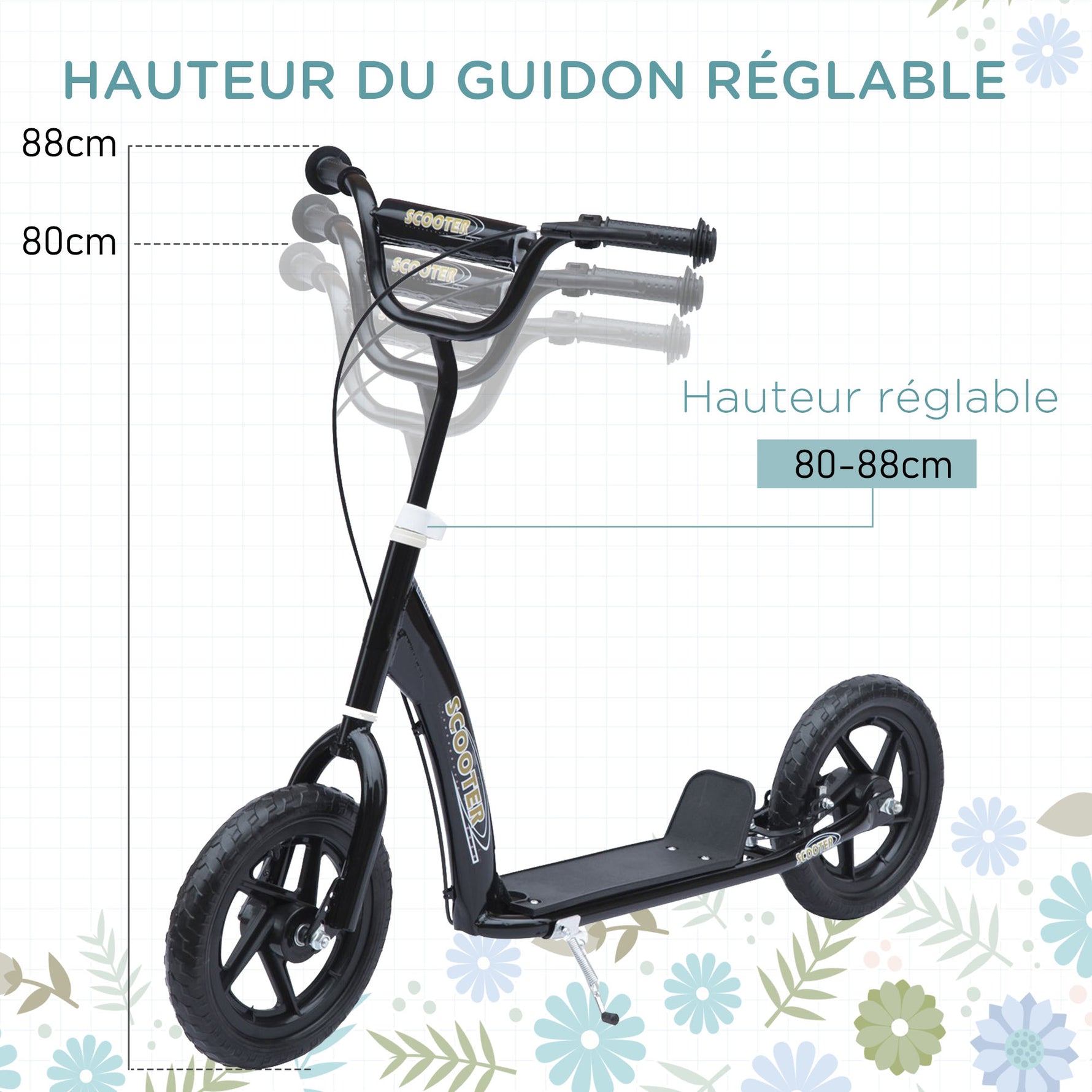 Trottinette enfant patinette pneus 30 cm Hauteur Guidon réglable poignée Frein et béquille Acier pour enfants à partir de 5 ans Noir