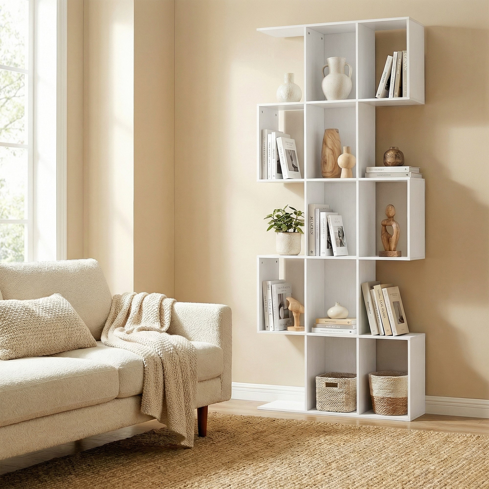 5-stufiges Bücherregal, S-förmiges Aufbewahrungsregal mit 15 offenen Fächern, 80 x 24 x 200 cm, weiß