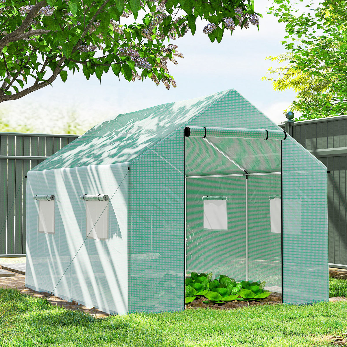 Serre de jardin tunnel 2 x 3m, 6m² avec porte enroulable, 4 fenêtres, - Acier galvanisé PE Haute densité Vert