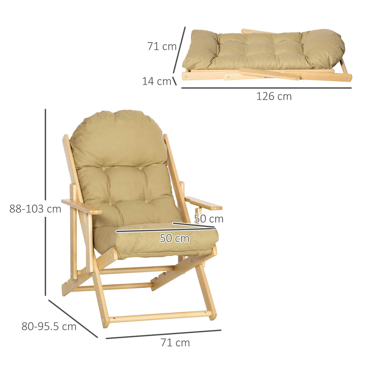 Fauteuil Chaise de Salon Pliable et inclinable en Bois Fauteuil Relax Confortable avec Coussin capitonné épais - 71 x 89 x 96 cm marron clair