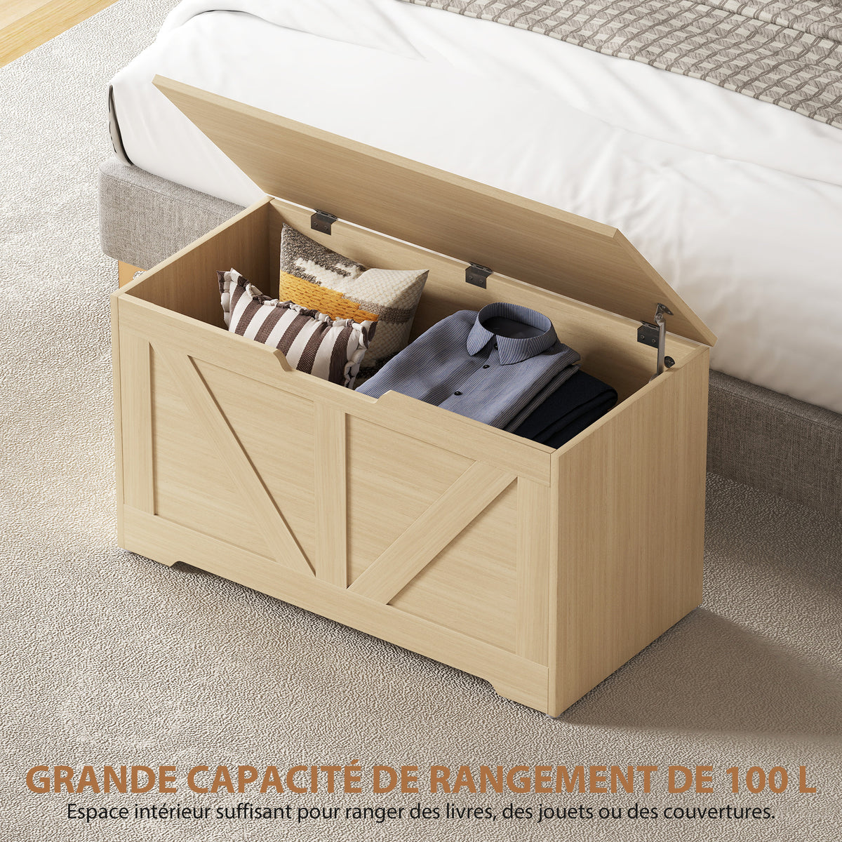 Coffre de rangement, banc de rangement avec couvercle rabattable et charnières de sécurité, 80 x 40 x 45 cm, bois naturel