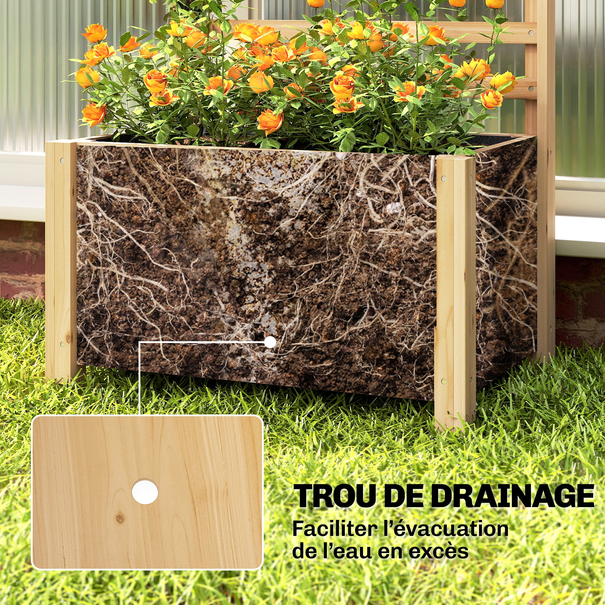 Jardinière avec treillis, bac à fleurs avec brise-vue, trou de drainage et doublure intérieure, 60 x 39 x 120 cm, bois naturel
