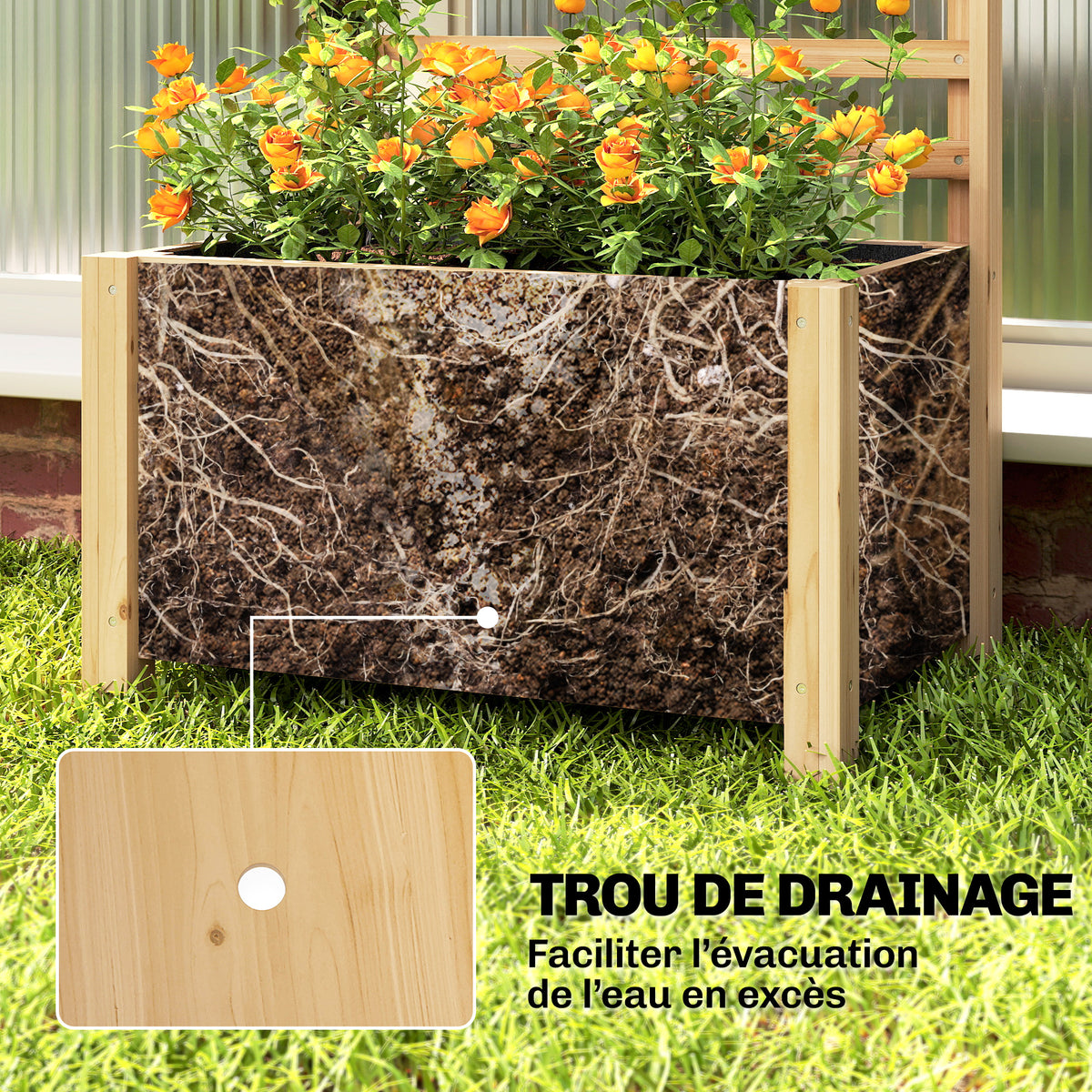 Jardinière avec treillis, bac à fleurs avec brise-vue, trou de drainage et doublure intérieure, 60 x 39 x 120 cm, bois naturel