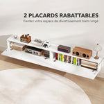 Meuble TV suspendu 180cm, meuble télé pour téléviseur 72 pouces, 2 portes rabattables, 180x25x22cm, blanc