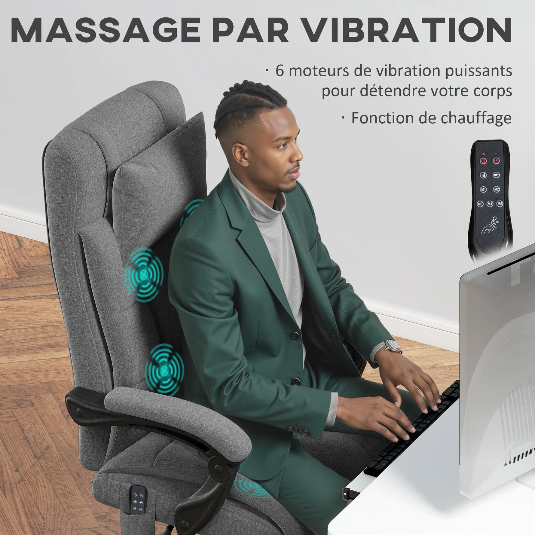 Chaise de bureau de massage chauffante réglable en hauteur de 116-124 cm ergonomique inclinable tissu effet lin, gris
