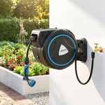 Enrouleur Tuyau Arrosage Mural Automatique 25m Dévidoir Automatique Pistolet d'Arrosage 10+2 Modes 55x31x50cm Bleu