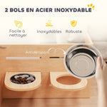 Gamelle chien surélevée de 3 hauteurs ajustables gamelle pour chien 2 bols acier inoxydable 63 x 58,5 x 40 cm chêne