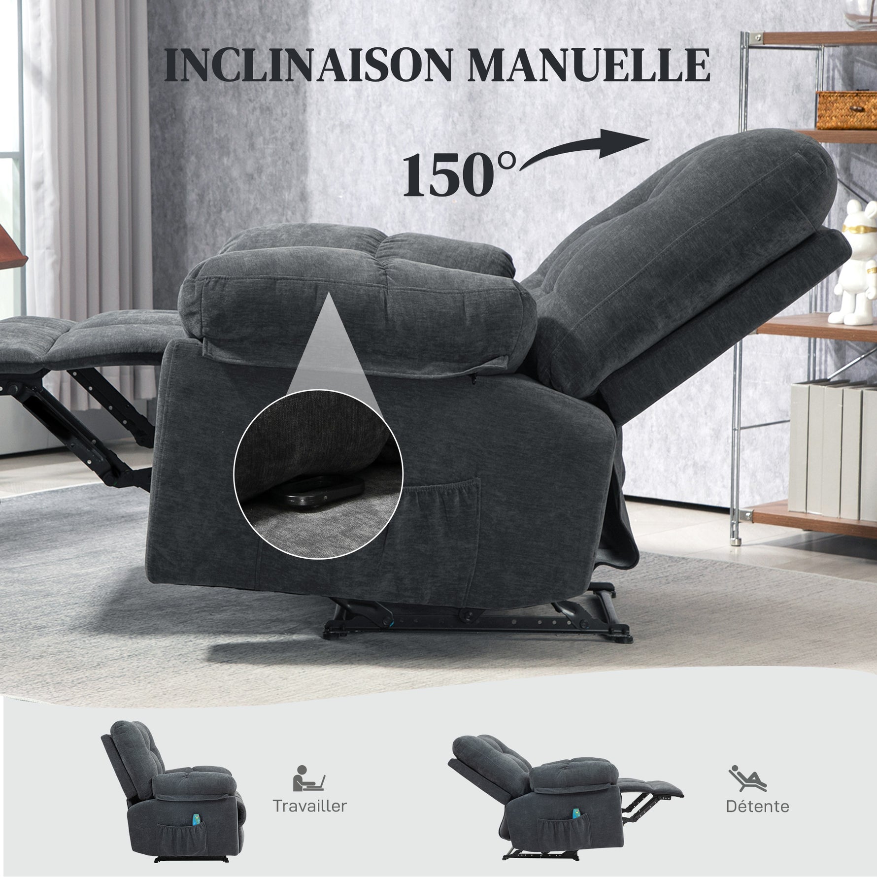Fauteuil de massage fauteuil relax avec vibration chauffage, inclination manuelle, télécommande inclus, gris