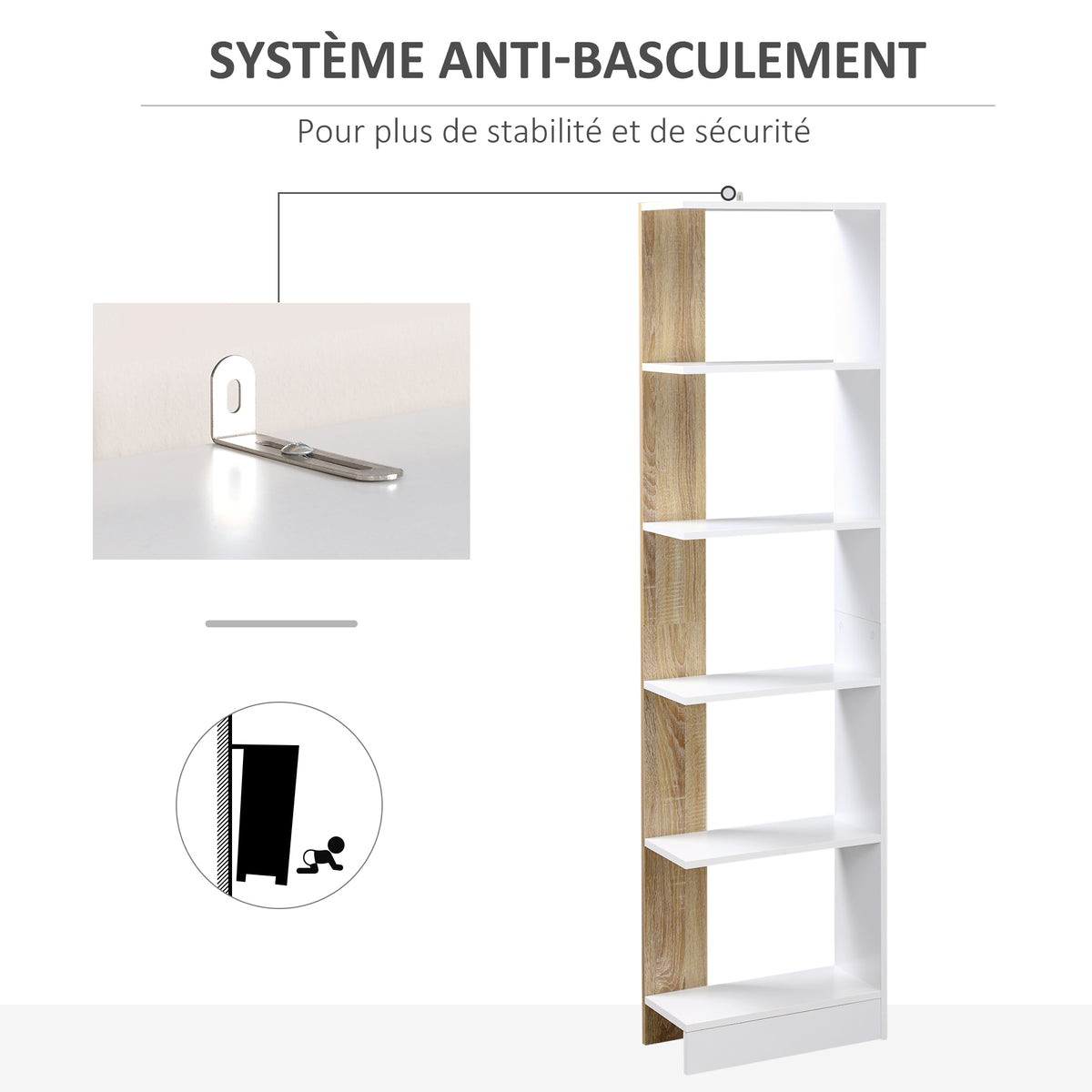 Bibliothèque Étagère de Rangement avec 5 Compartiments Ouverts Design Simple Moderne Blanc et Chêne
