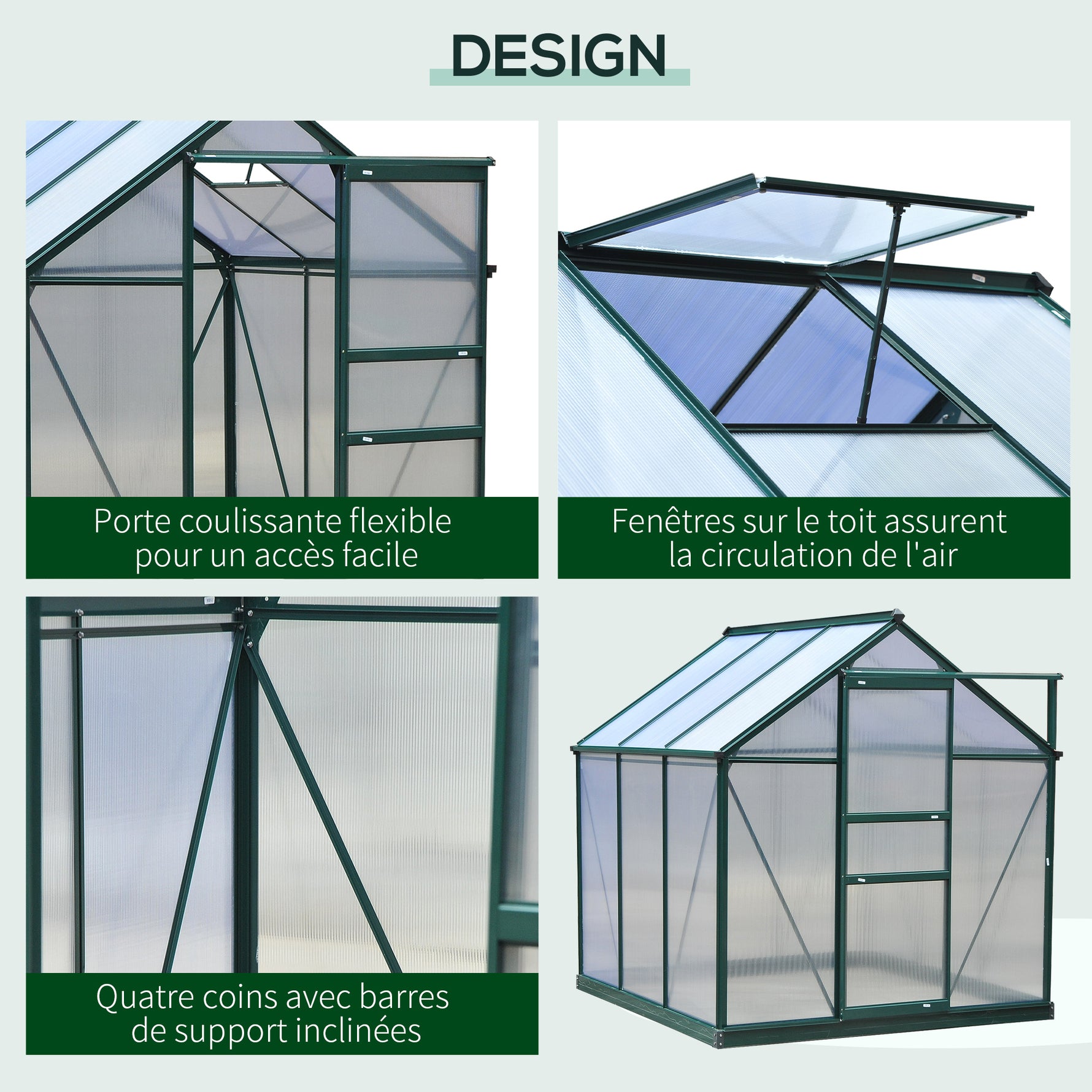 Serre de jardin polycarbonate 190 x 192 x 201 cm résistant aux UV 30+ fondation renforcé gouttière vert foncé