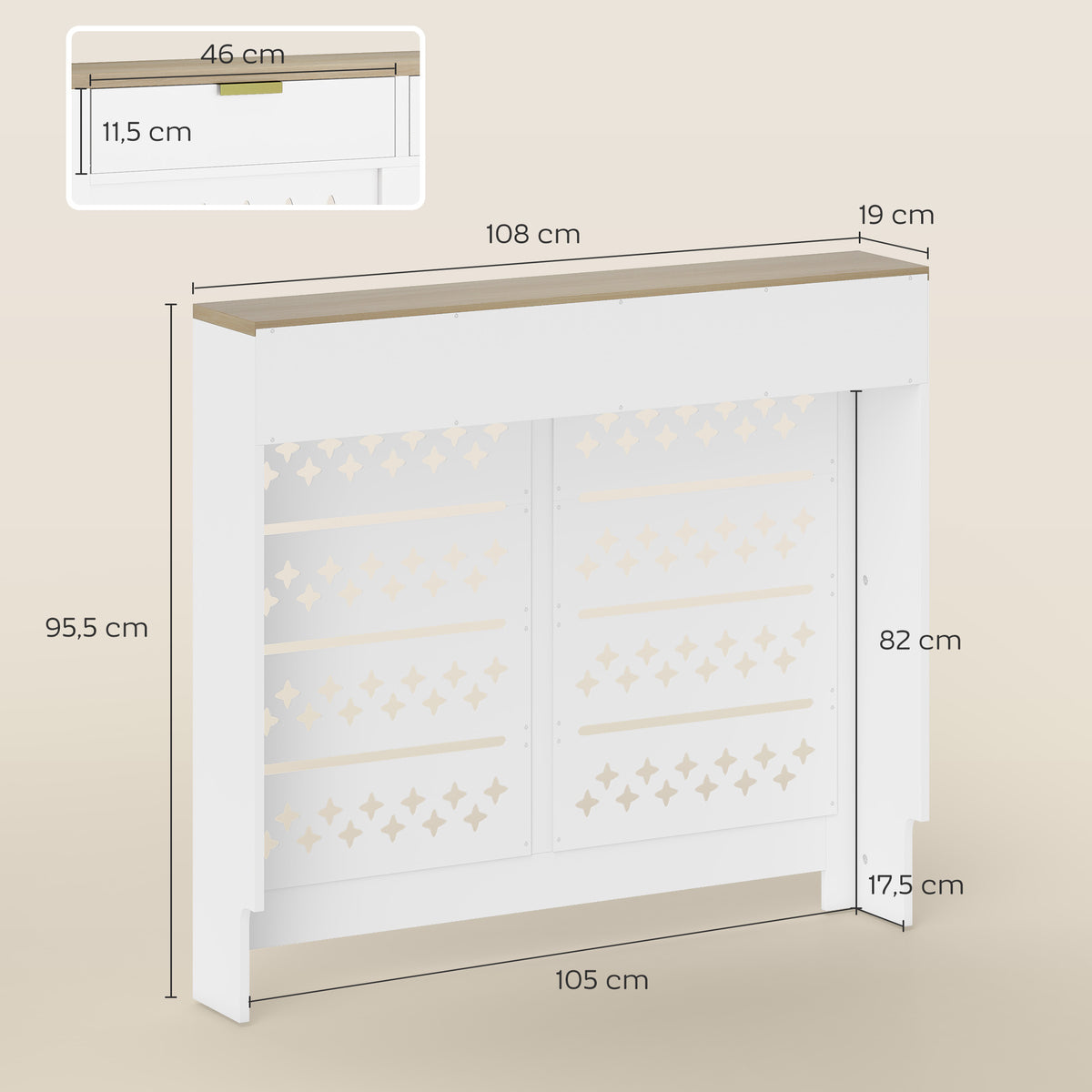 Couvercle de radiateur, cache radiateur avec placard rabattable et étagère supérieur, 108 x 19 x 95,5 cm, blanc