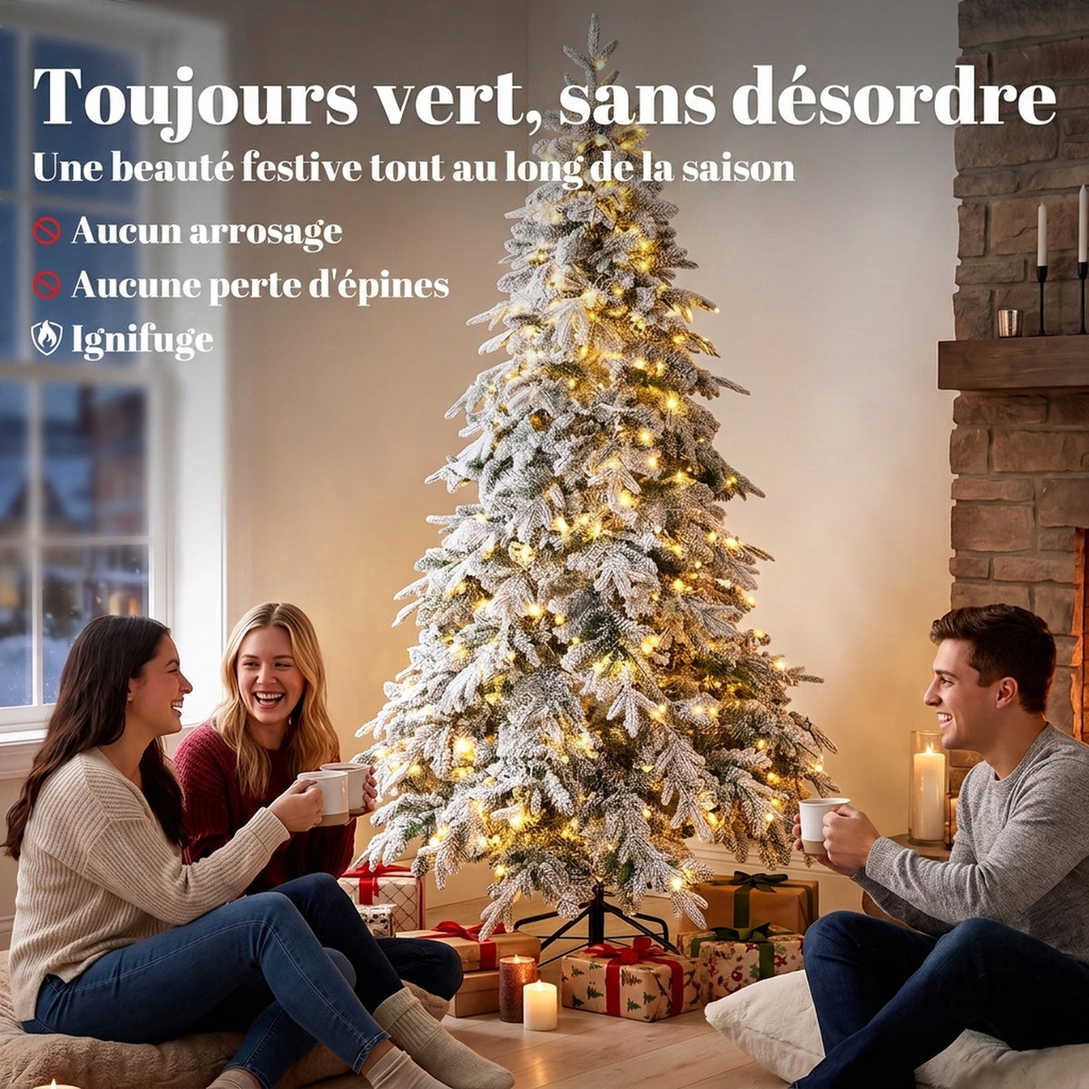 Sapin de Noël Artificiel 180 cm Arbre de Noël Lumineux Enneigé, Branches Articulées, Lumière 350 LEDs, Vert et Blanc