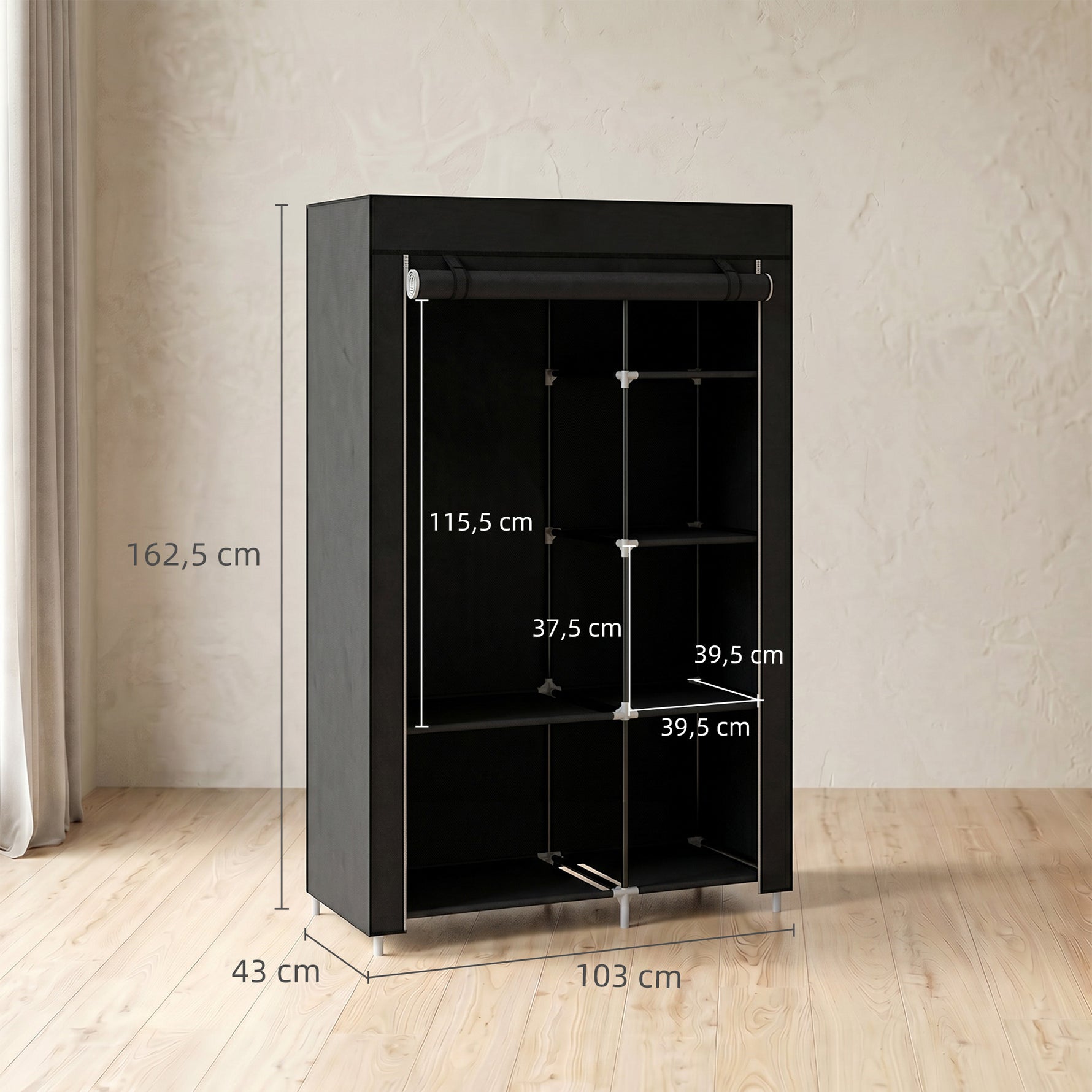 Armoire penderie multi-rangement - 6 étagères, 1 barre - non tissé noir