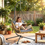 Hängesessel aus Polyrattan mit Gestell, Hängestuhl, Kissen, Sicherheitsbefestigung, höhenverstellbar, grau