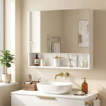 Armadietto a muro da bagno con specchio, mobiletto da bagno 3 ante a specchio, ripiani regolabili, 90x15x75cm, bianco