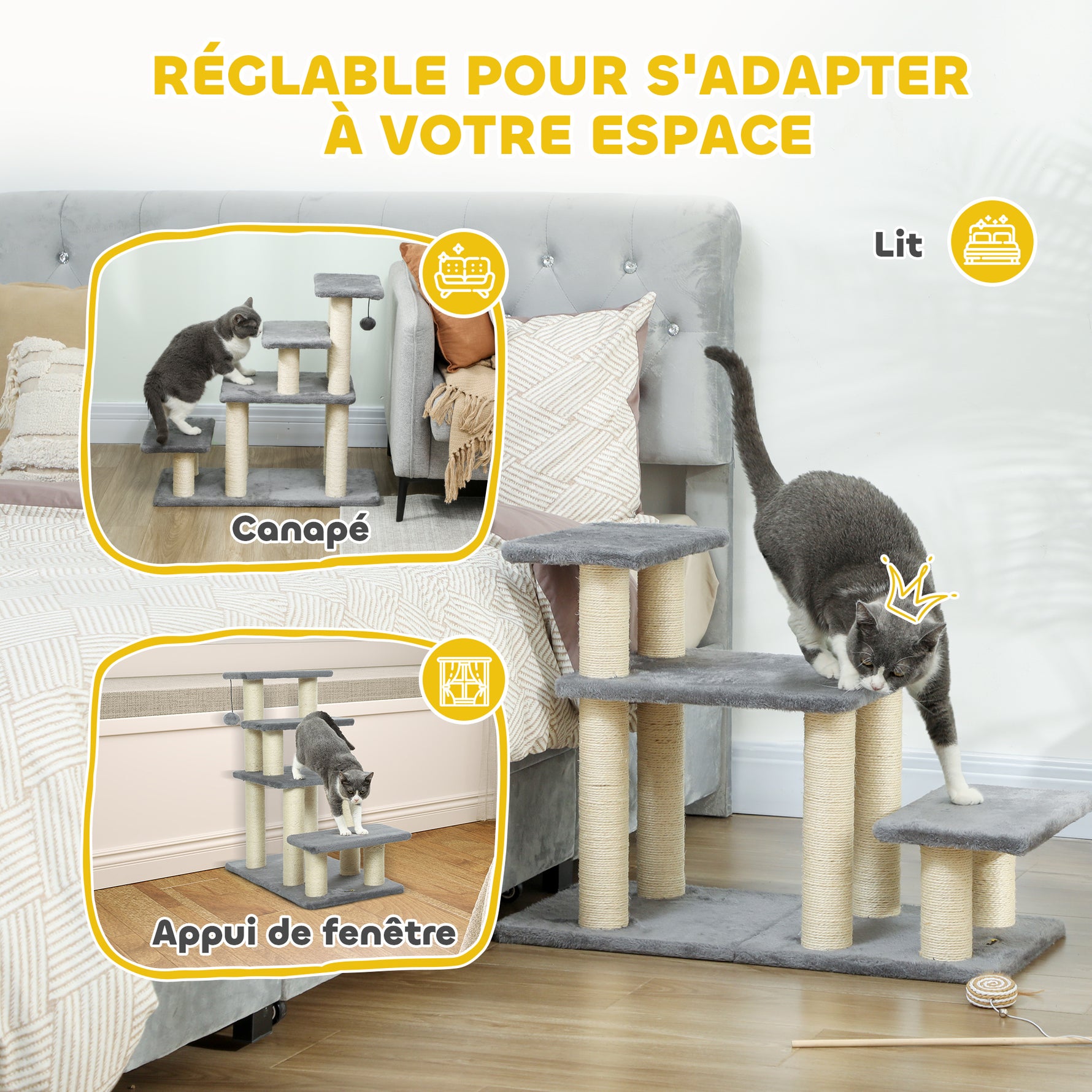 Escalier pour animaux domestiques réglable 3/4 marches échelle pour chat chien griffoirs sisal 70 x 32 x 68 cm gris