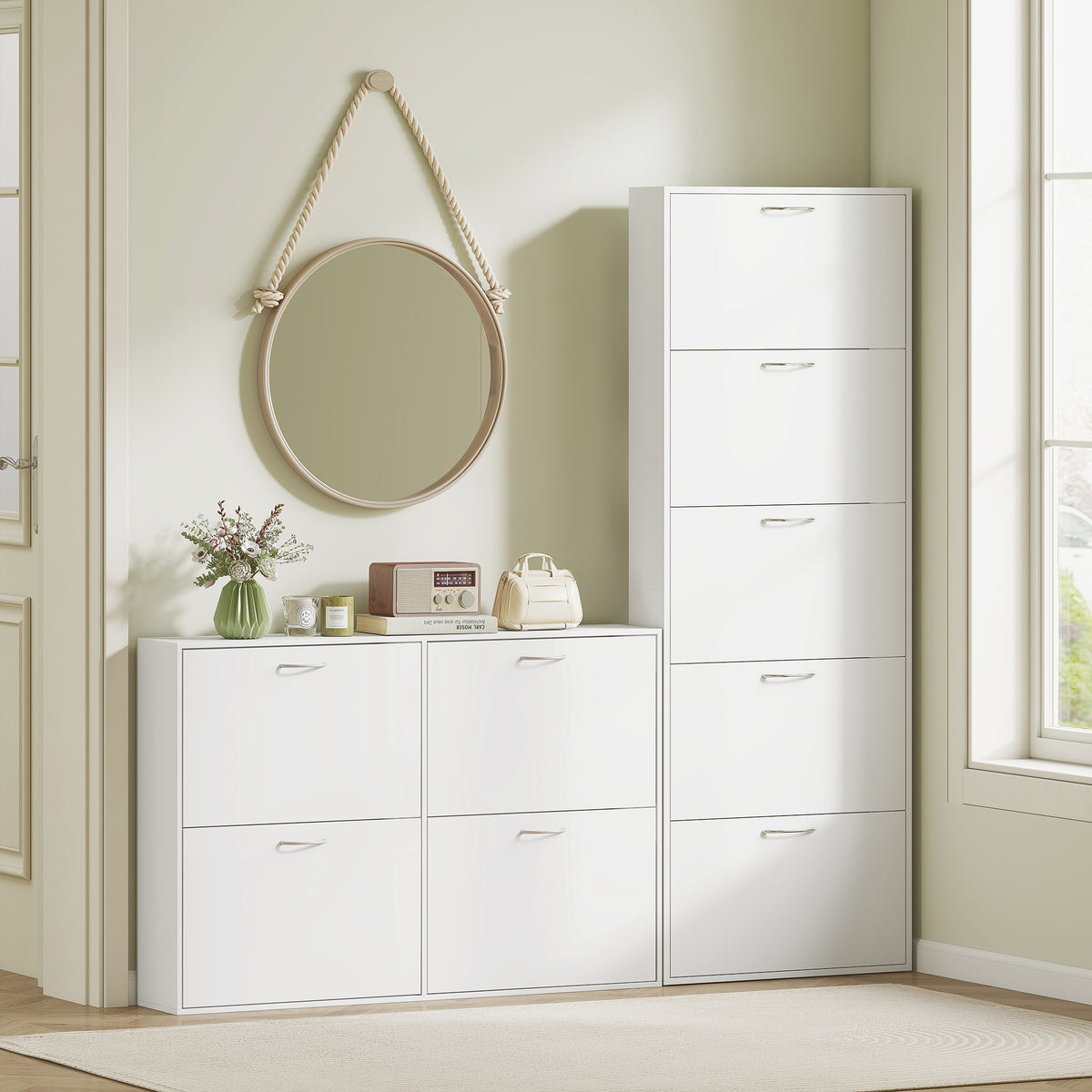 Meuble à chaussures 15 paires, armoire à chaussures étroite moderne avec 5 tiroirs rabattables, 65 x 17 x 180,5 cm blanc