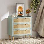 Commode design bohème en rotin avec 3 tiroirs, meuble de rangement pour le salon, le couloir, l'entrée, vert olive