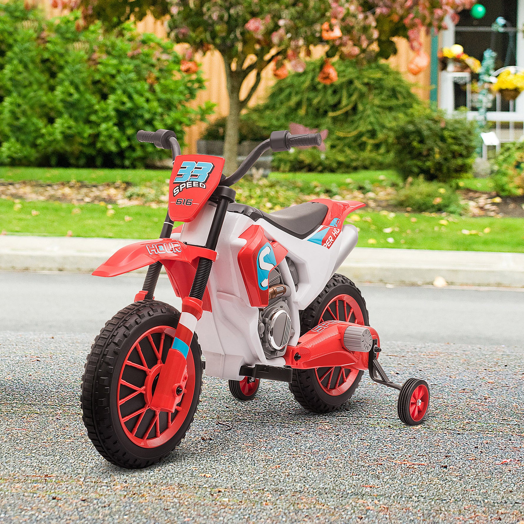 Moto Cross électrique Enfant 3 à 5 Ans 12 V 3-8 Km/h avec roulettes latérales Amovibles dim. 106,5L x 51,5l x 68H cm Rouge