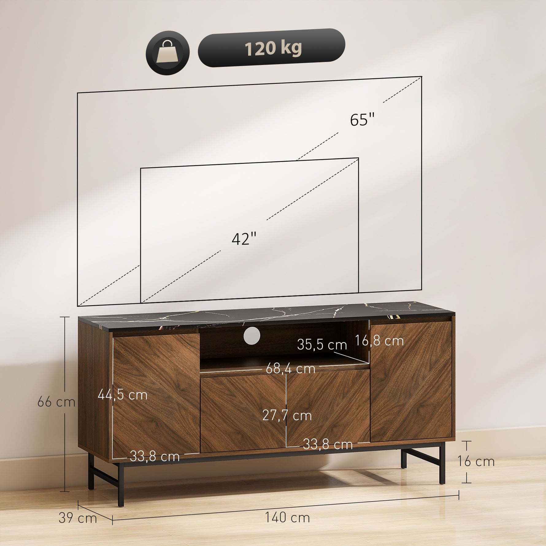 Meuble TV jusqu'à 65 pouces meuble télé bois avec compartiment ouvert et passe-câbles, effet marbre, 140x39x66cm, noyer
