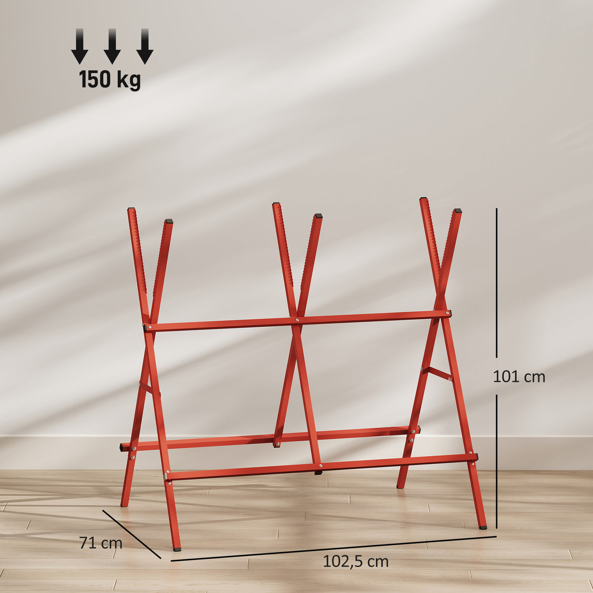 Robuuste opvouwbare stalen schraag, draagvermogen 150 kg, in hoogte en breedte verstelbaar, 102,5 x 71 x 101 cm, rood