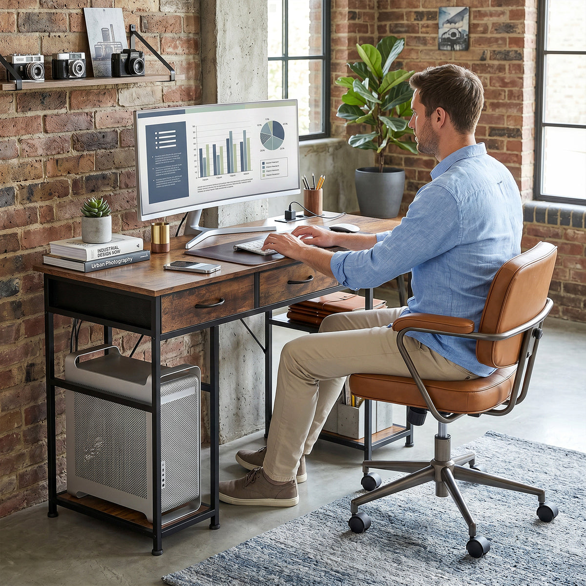 Bureau avec rangement avec prises de courant, 3 tiroirs en tissu et 4 étagères de rangement, 120 x 40 x 76 cm, marron