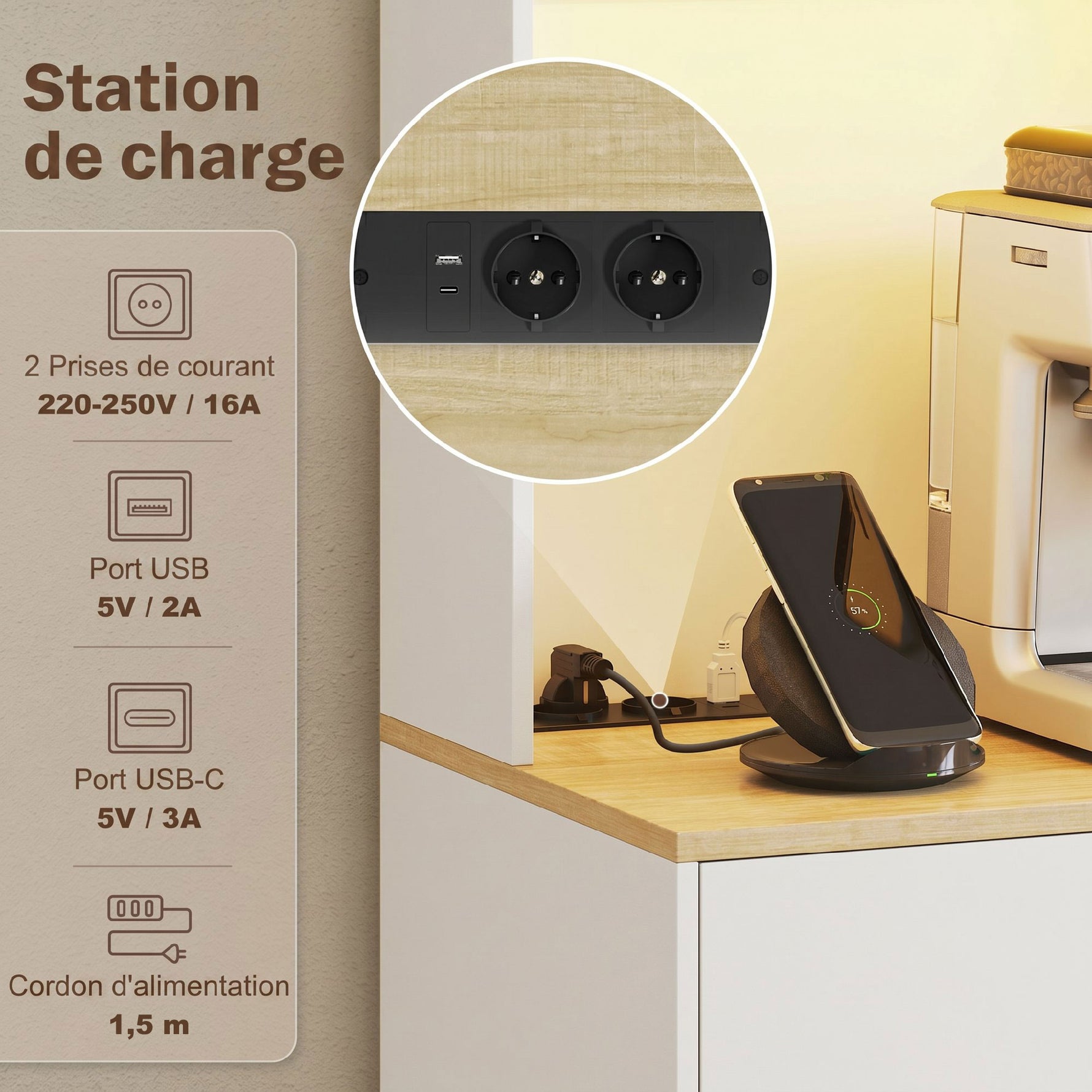 Buffet haut cuisine avec LED et station de charge, armoire de cuisine avec 4 portes, tiroir et plan de travail, blanc
